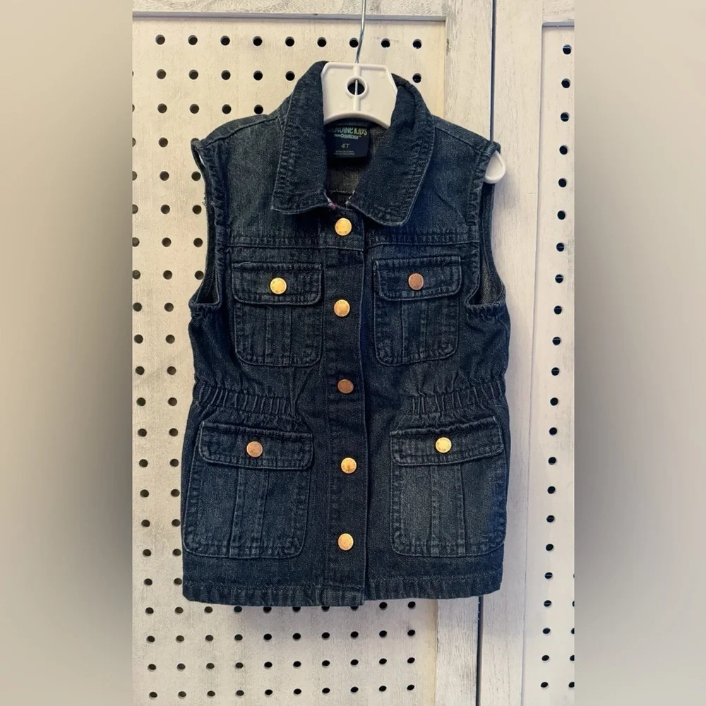 OshKosh B’gosh Genuine Kids Denim Utility Vest Girls 4T Dark Wash Snap Front